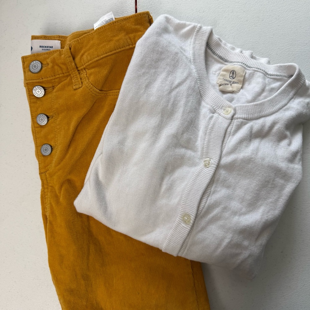 Lands End white cardigan and Old Navy mustard yellow pixie pants girls size 16
